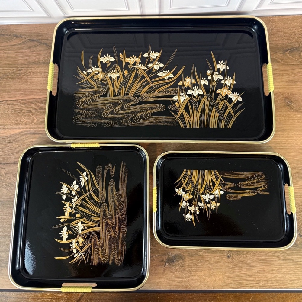 VTG Set of THREE (3) Black Lacquerware Oriental Nesting Trays Iris Motif